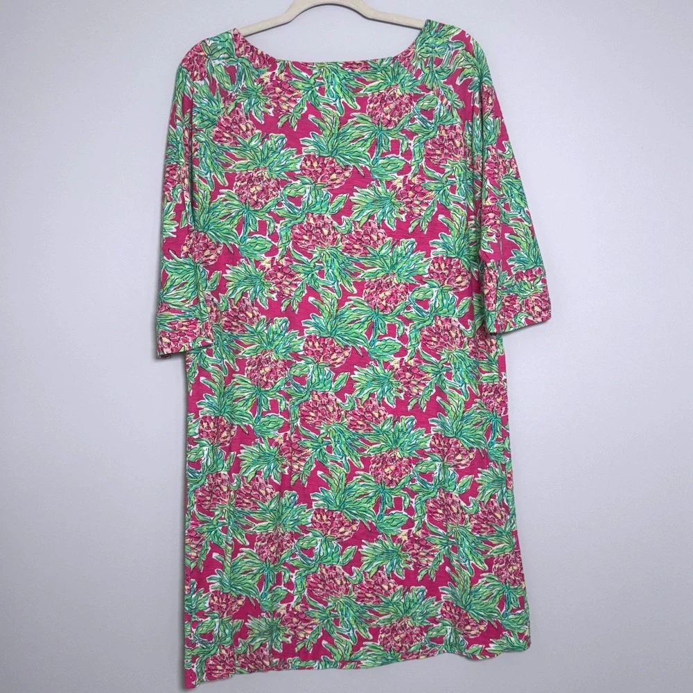 Lilly Pulitzer Marlowe T-Shirt Dress Women Large Pink Pineapple Print 3/4 Sleeve
